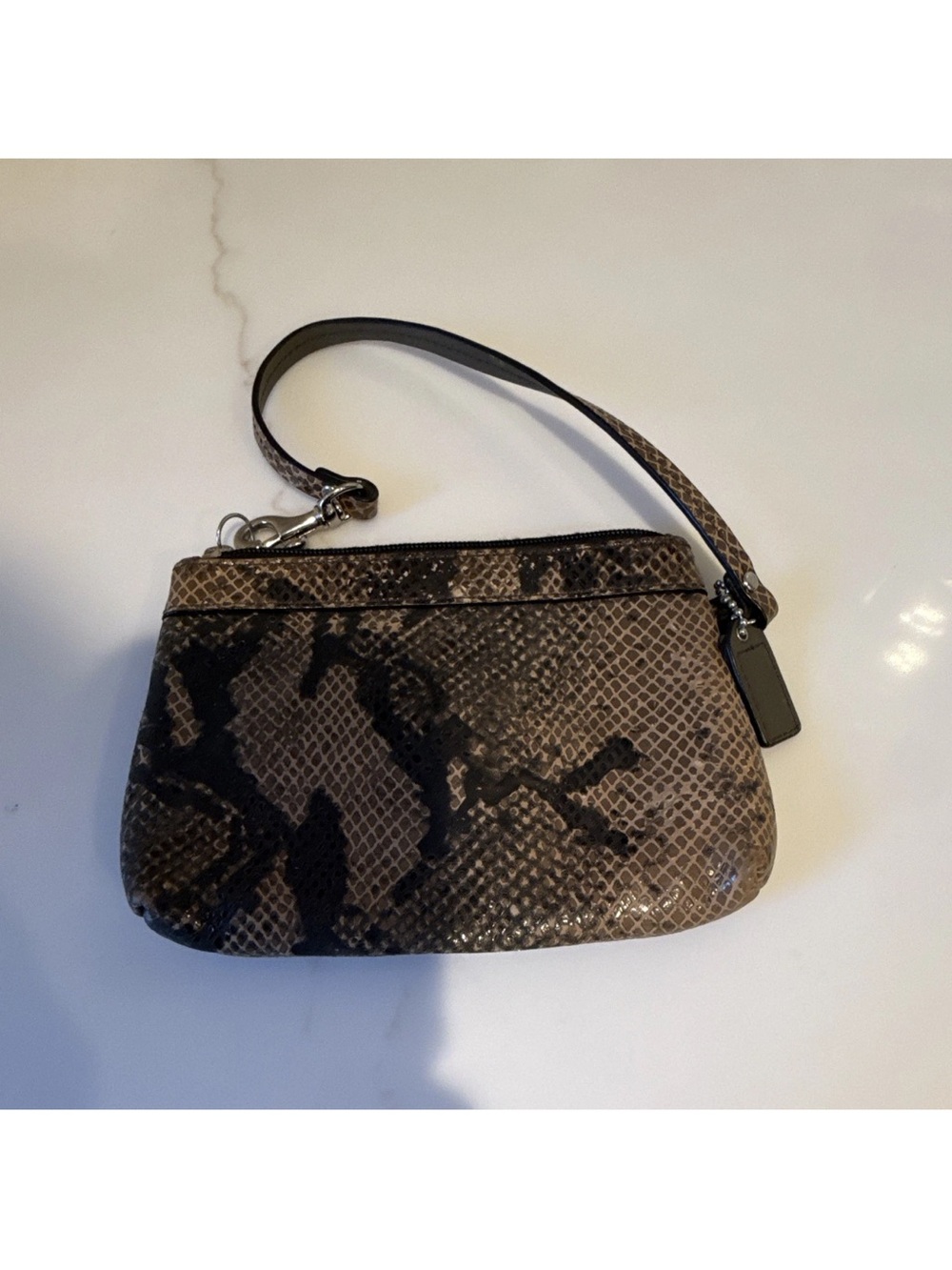 Snake-Print Wristlet Pouch in Brown and Black